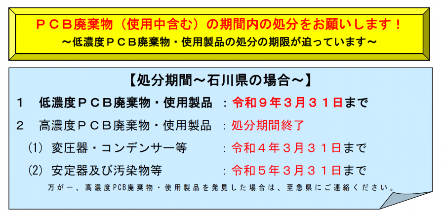 PCB廃棄物の期間内処分をお願いします。低濃度PCB廃棄物の処分期間は令和9年3月31日まで